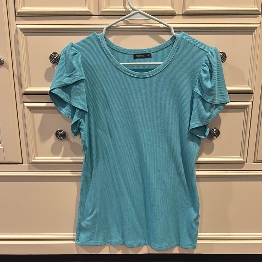 Blue Flutter Sleeve Ruffled Tee